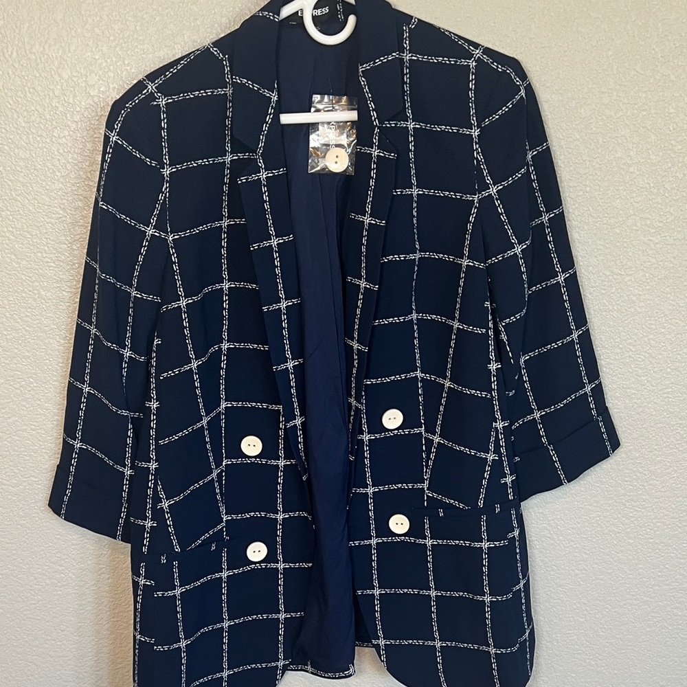 Express Navy Blazer with White Check Pattern